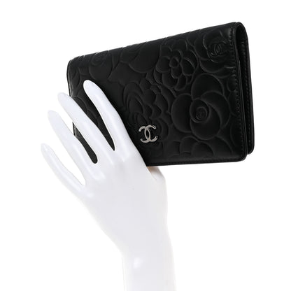 Chanel Lambskin Camellia Embossed Yen Wallet Black 2 of 7