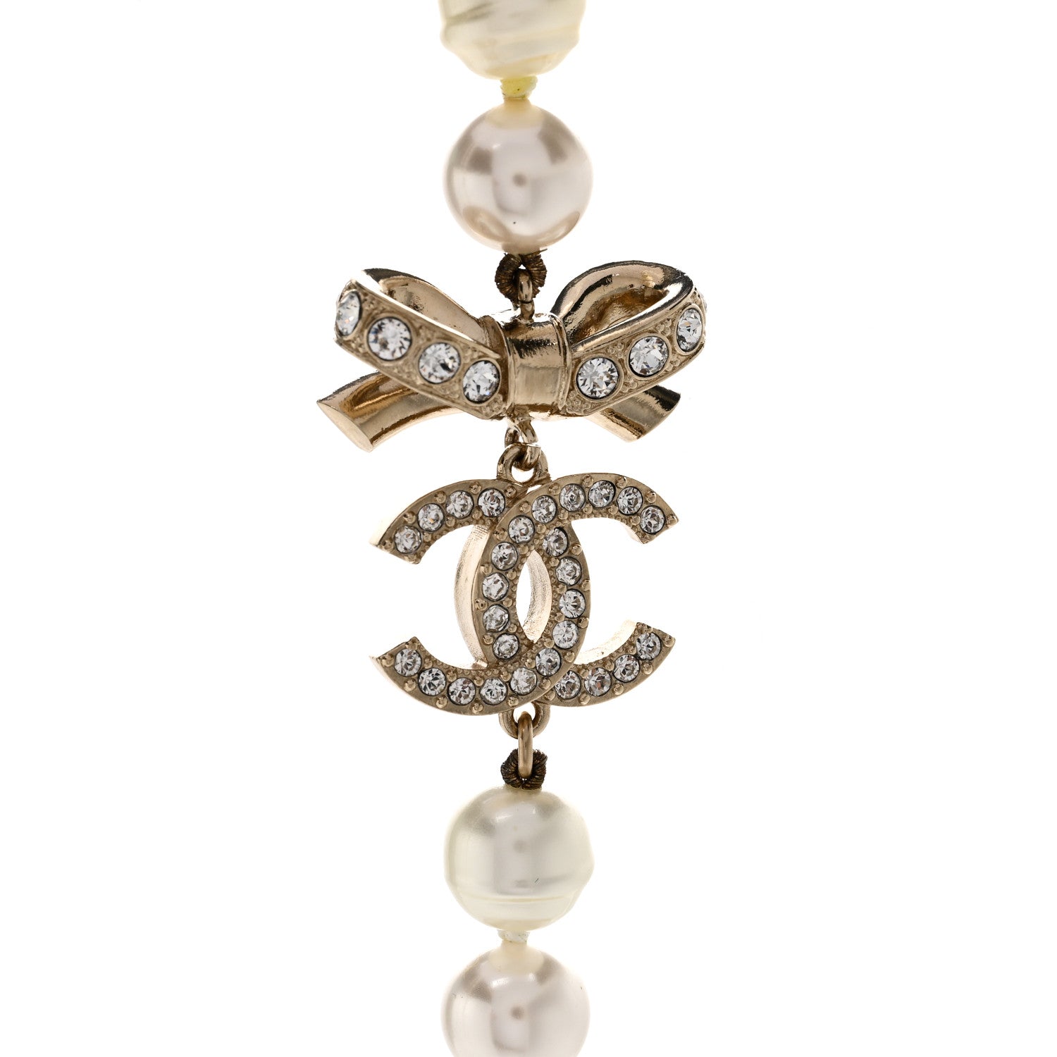 Chanel Crystal Pearl CC Bow Long Necklace Light Gold 4 of 5