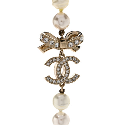 Chanel Crystal Pearl CC Bow Long Necklace Light Gold 4 of 5