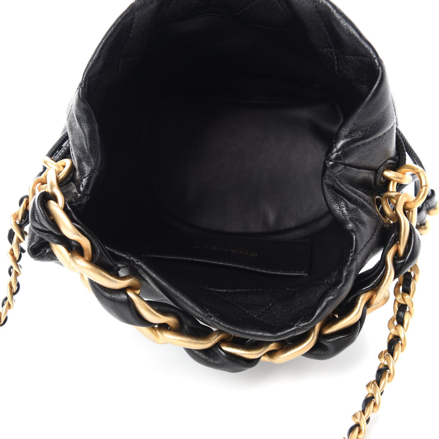 Shiny Lambskin Quilted Small Chain Is More Drawstring Bag Black