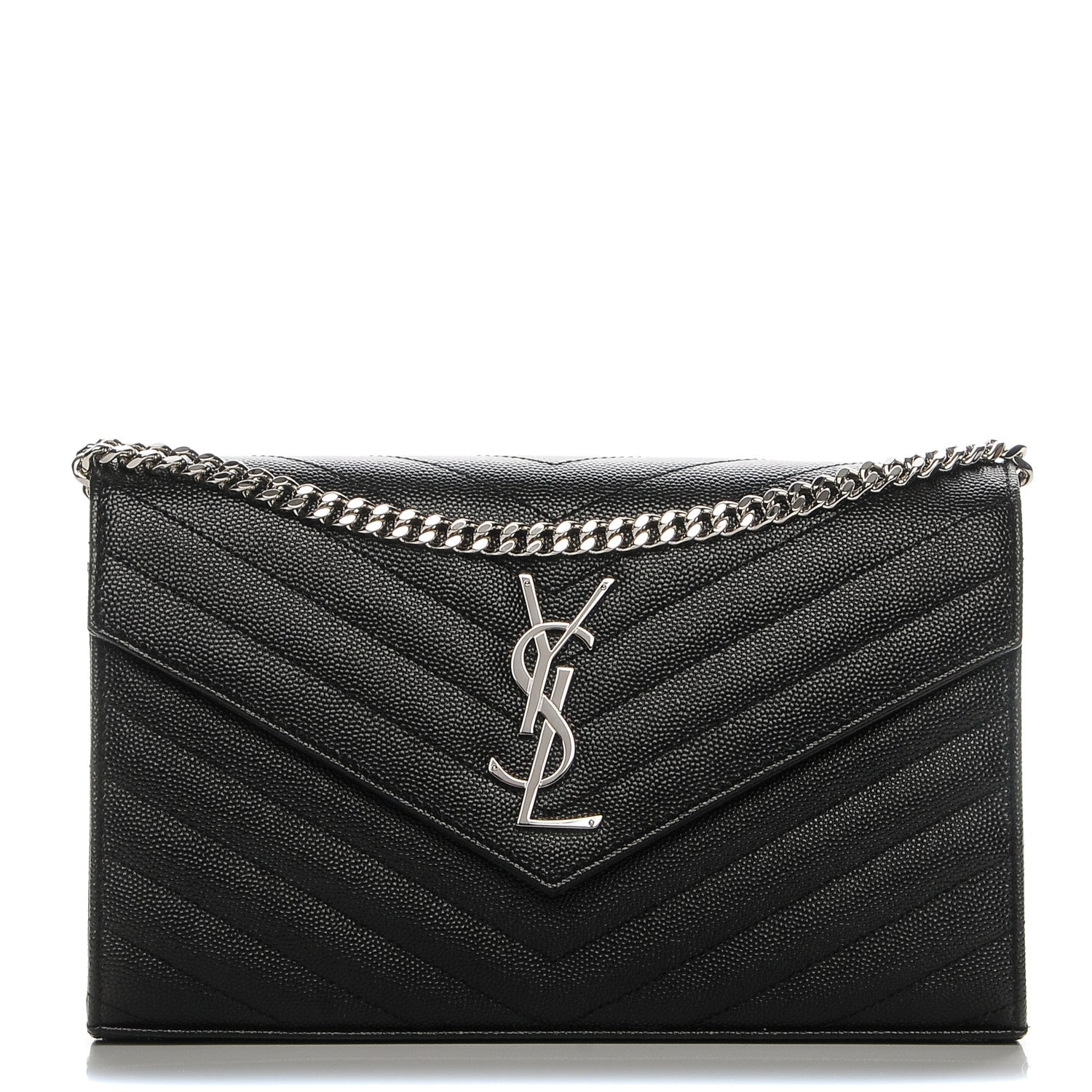 Saint Laurent Grain De Poudre Matelasse Chevron Medium Monogram Chain Wallet Black 1 of 6