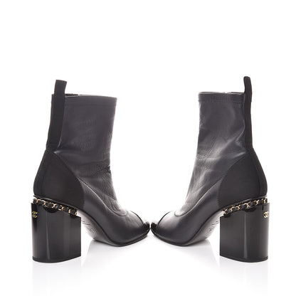 Chanel Calfskin Patent CC Cap Toe Chain Ankle Boots 39.5 Navy Black 6 of 9