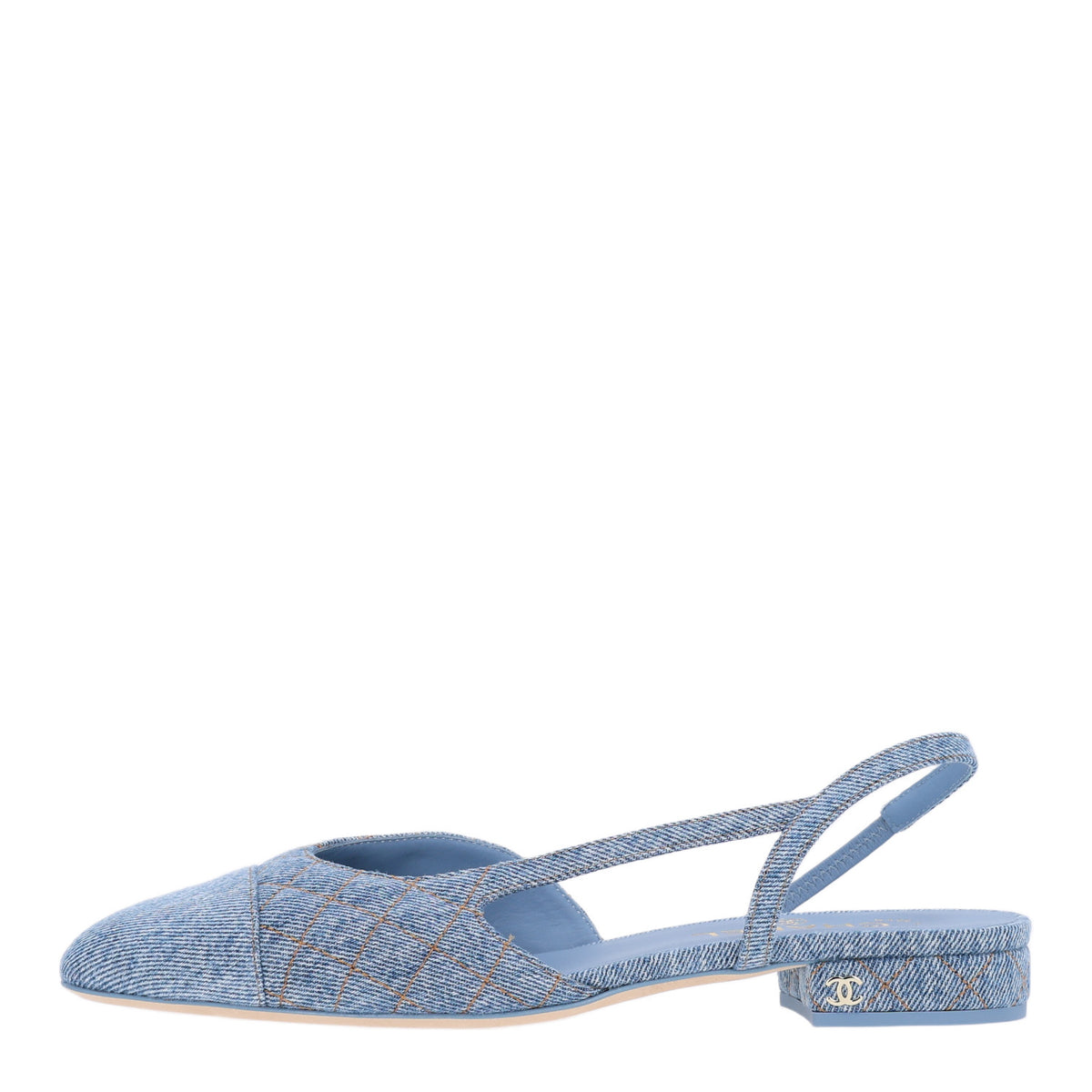 Chanel Denim Quilted Cap Toe CC Slingback Flats 40 Light Blue 1 of 11