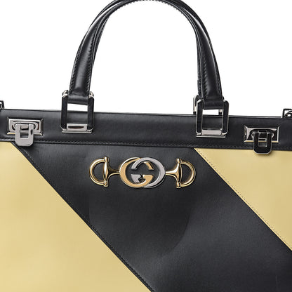 Gucci Smooth Calfskin Diagonal Striped Medium Zumi Top Handle Bag Black Beige 7 of 9