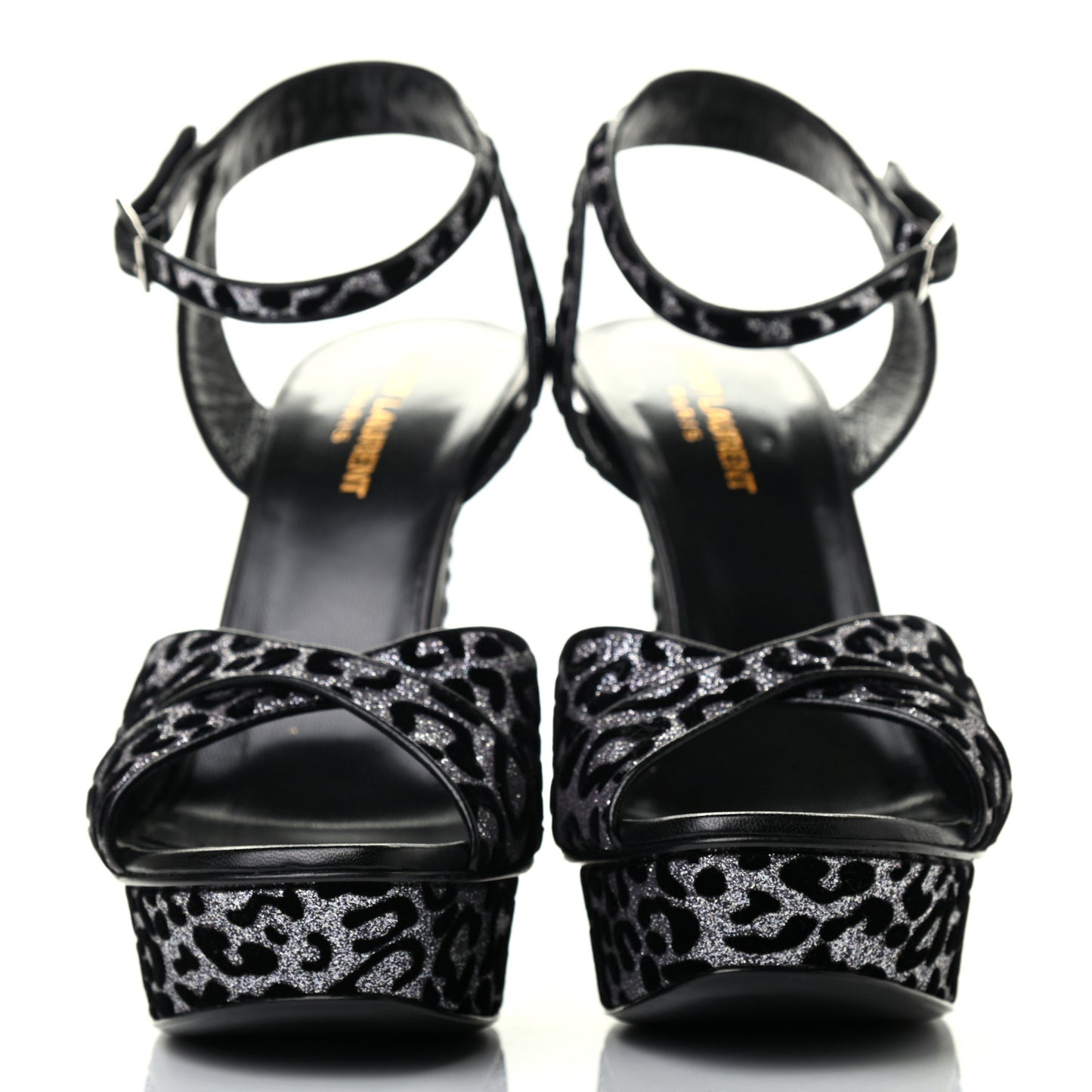 Velvet Glitter Leopard Print Platform Sandals 40 Argento Black