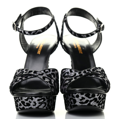 Saint Laurent Velvet Glitter Leopard Print Platform Sandals 40 Argento Black 2 of 8