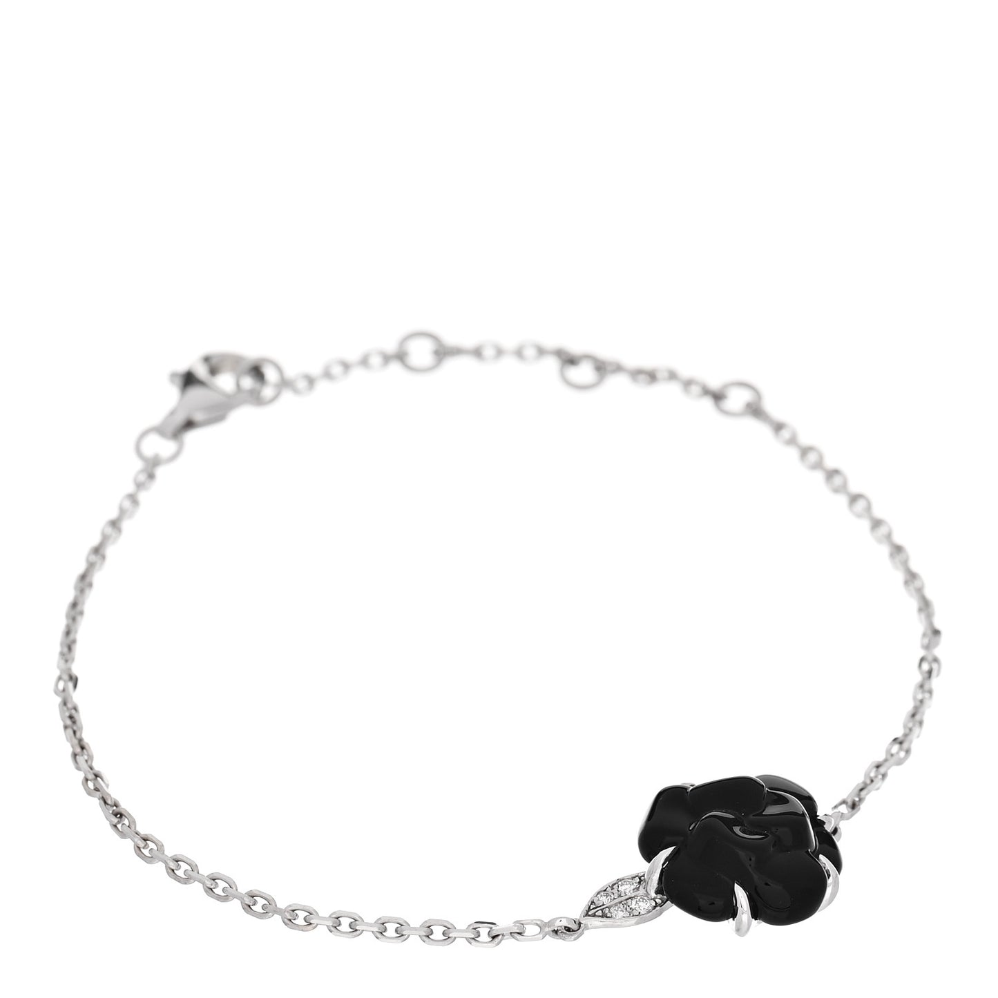 18K White Gold Diamond Black Onyx Camelia Sculpte Bracelet