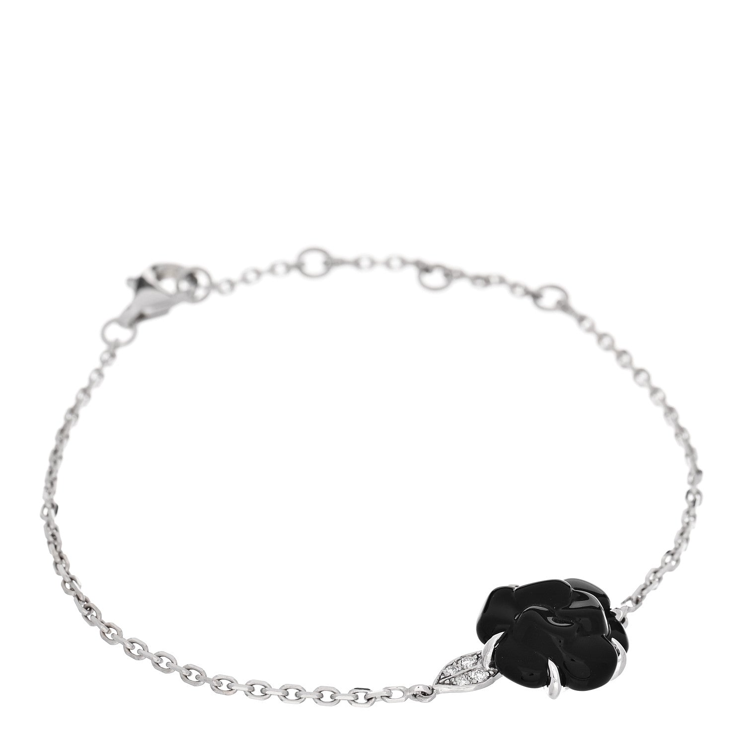 Chanel 18K White Gold Diamond Black Onyx Camelia Sculpte Bracelet 1 of 3