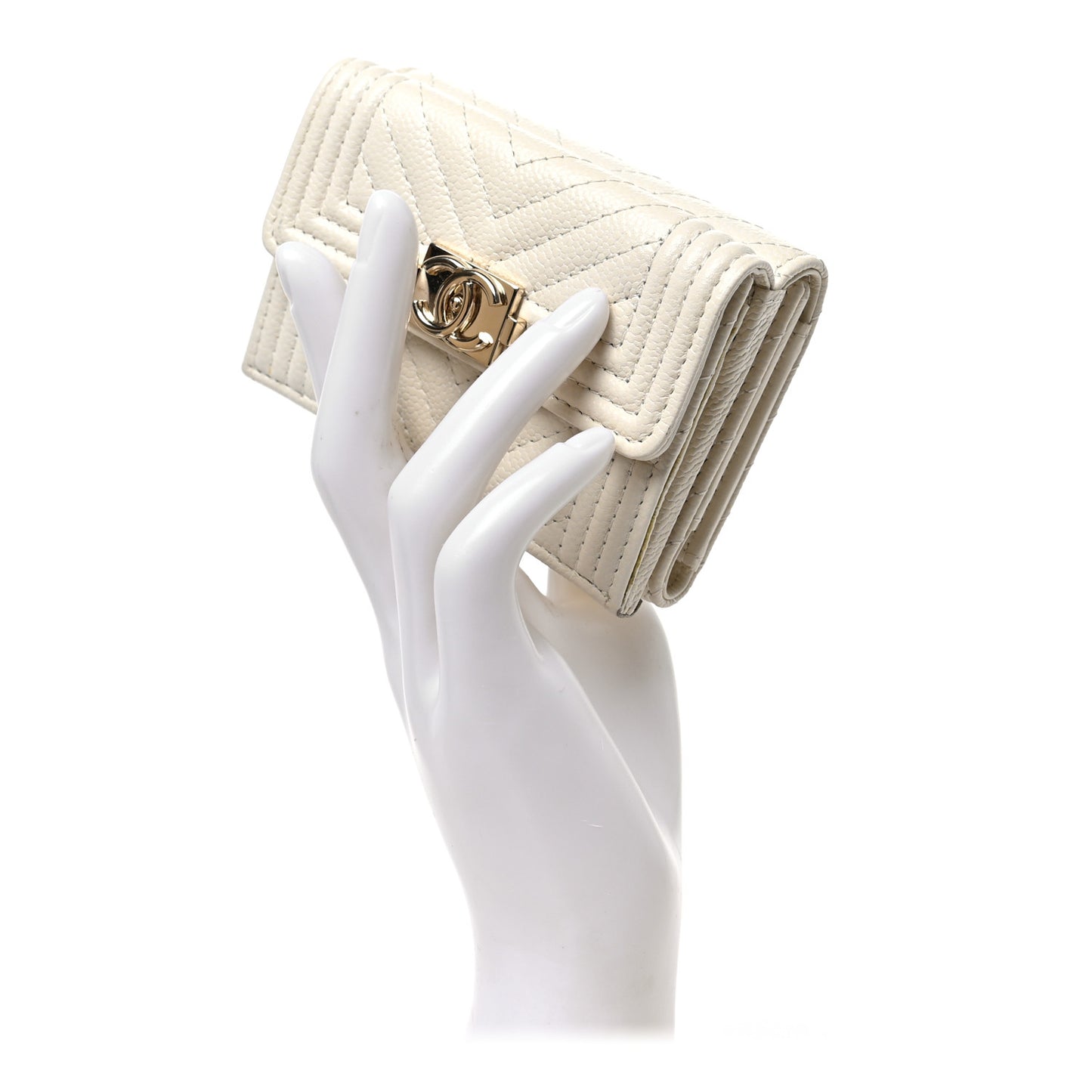 Caviar Chevron Quilted Small Boy Flap Wallet White