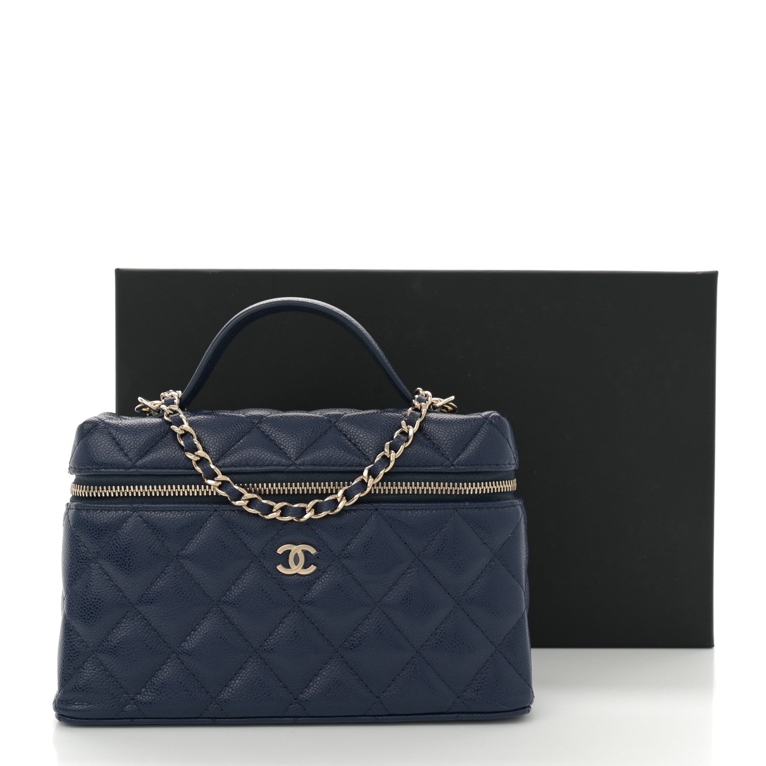 Chanel Caviar Quilted Top Handle Slim Vanity With Chain Navy