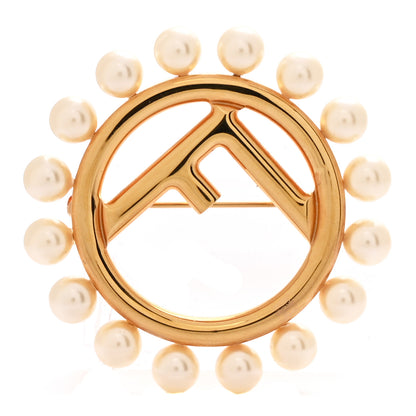 Fendi Metal Pearl F Brooch Gold 1 of 3
