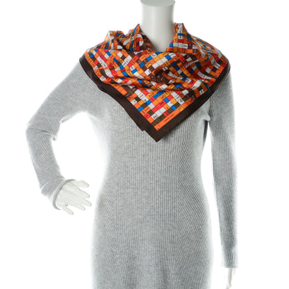 Hermes Silk Bolduc Au Carre Scarf 90 Brun Foncé Orange Bleu 2 of 5