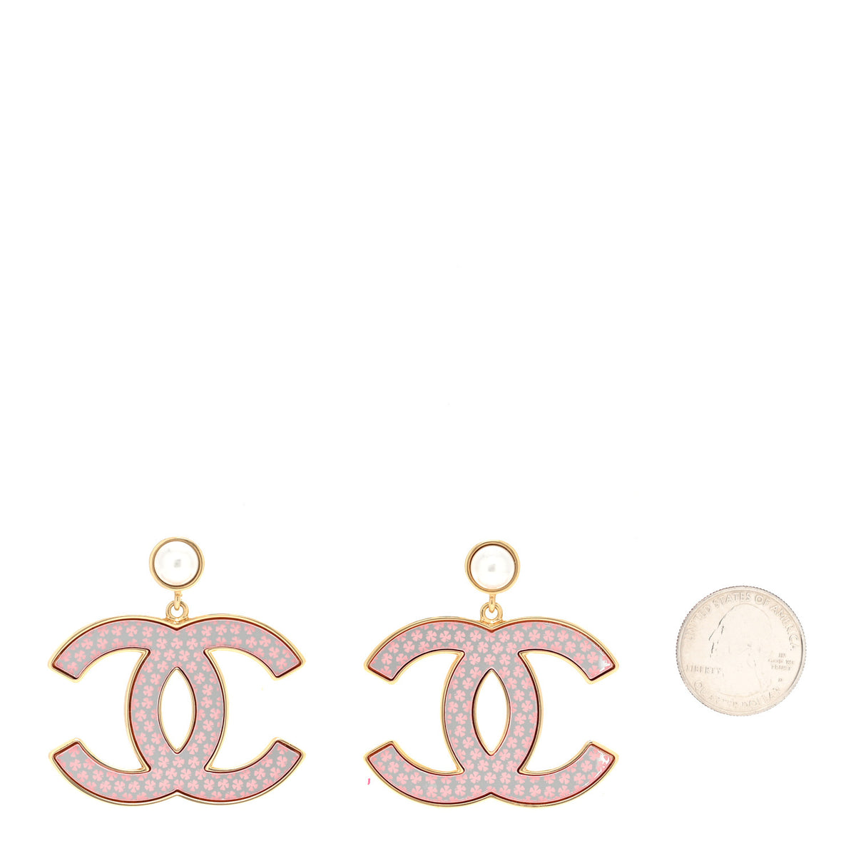 Chanel Mirror Pearl CC Drop Earrings Gold Pink 2 of 6