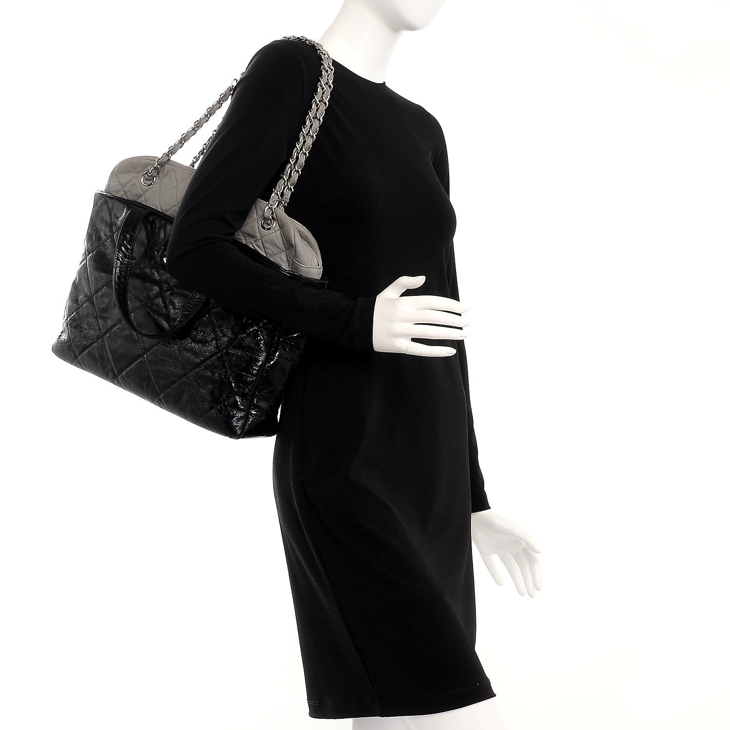 Chanel Glazed Calfskin Lambskin Quilted Portobello Tote Black Grey 2 of 11