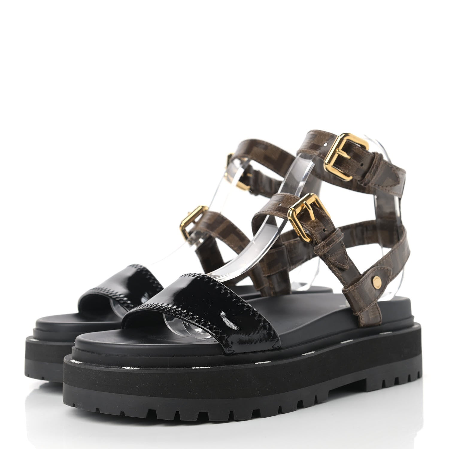 Fendi Vernice High-Tech Glazed Fabric FF Lug Sole Platform Sandals 39 Black Tobacco Moro 5 of 15