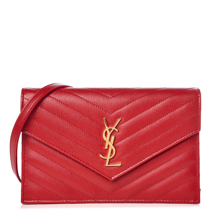 Saint Laurent Grain De Poudre Matelasse Chevron Monogram Envelope Chain Wallet New Red 1 of 7