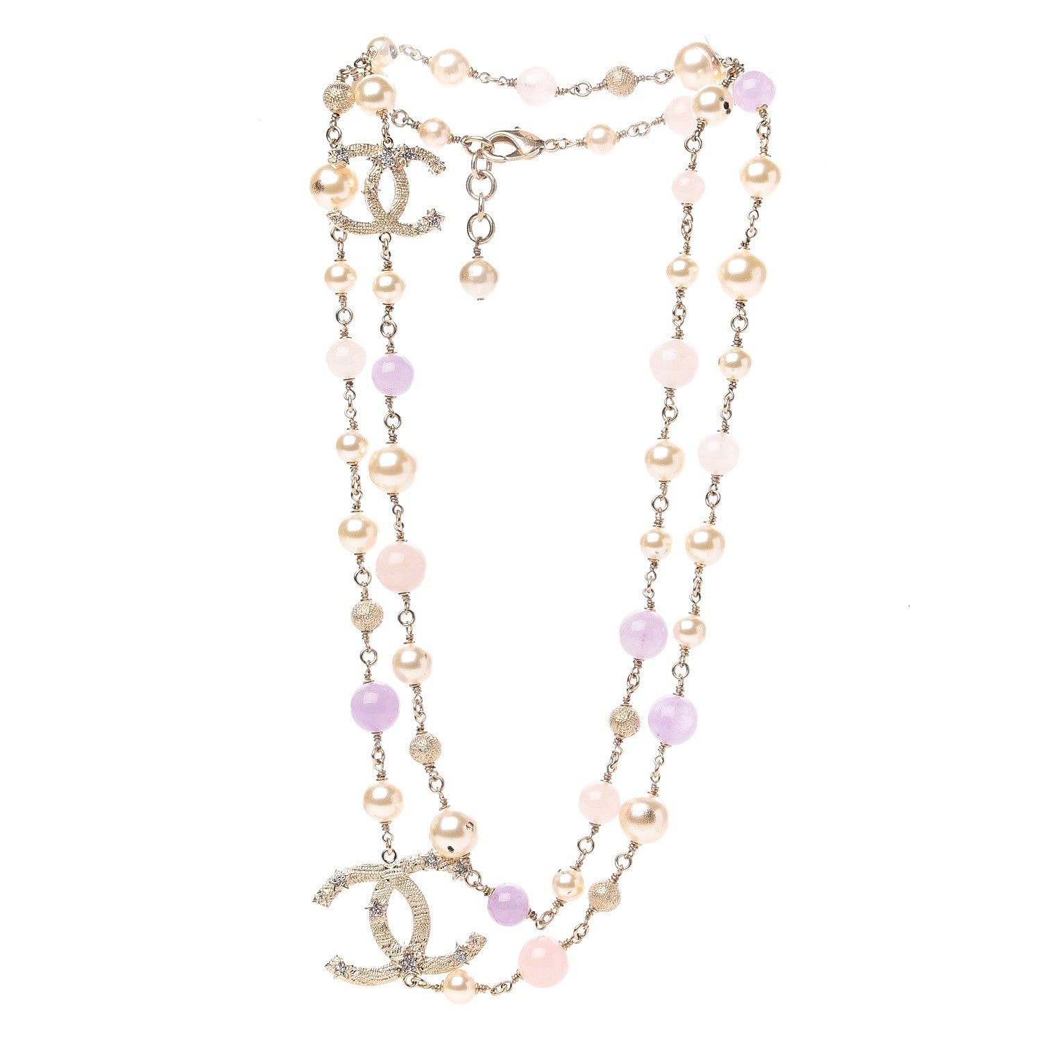 Chanel Crystal Pearl Beaded Star CC Necklace Gold Purple 2 of 5
