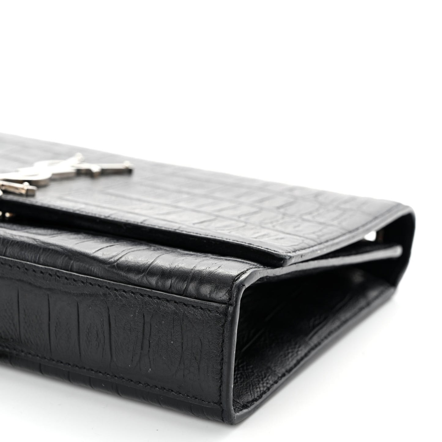 Calfskin Crocodile Embossed Medium Classic Monogram Kate Tassel Satchel Black