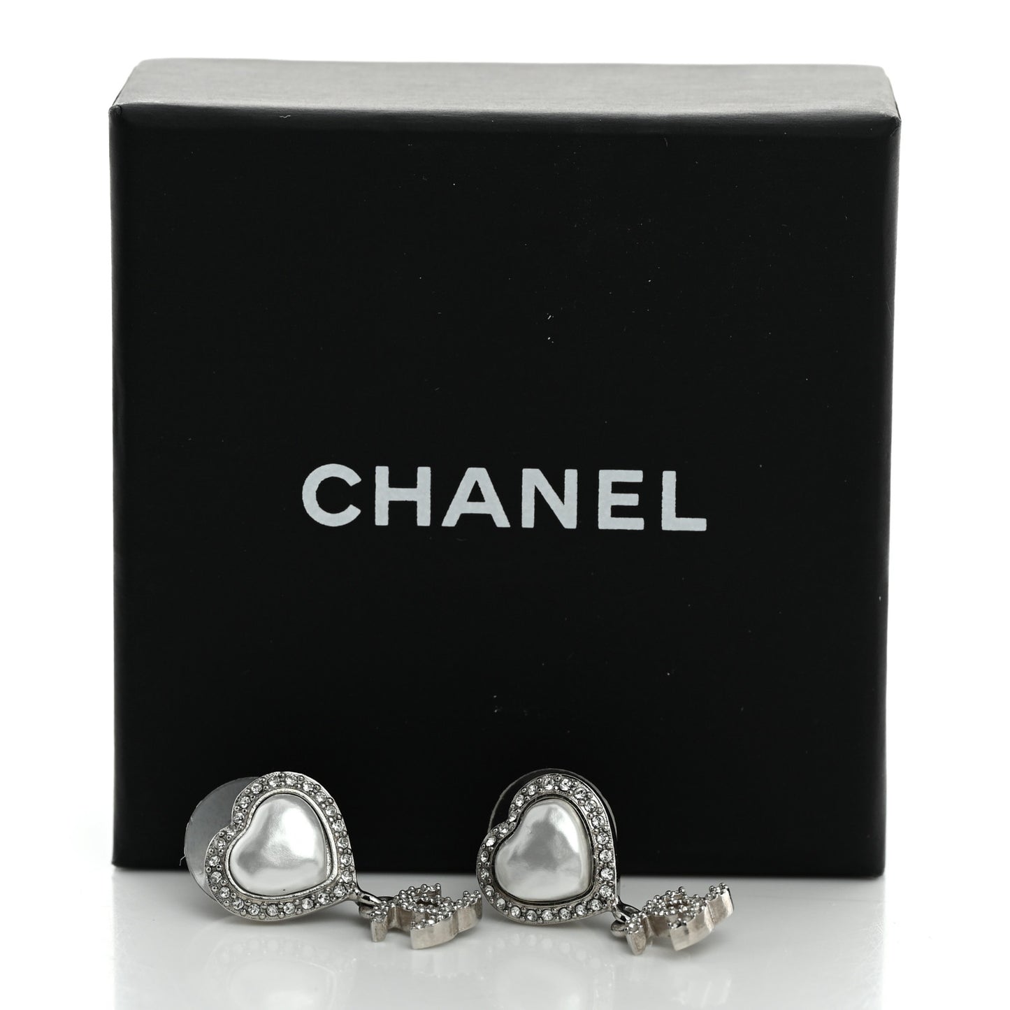 Pearl Crystal CC Heart Drop Earrings Silver