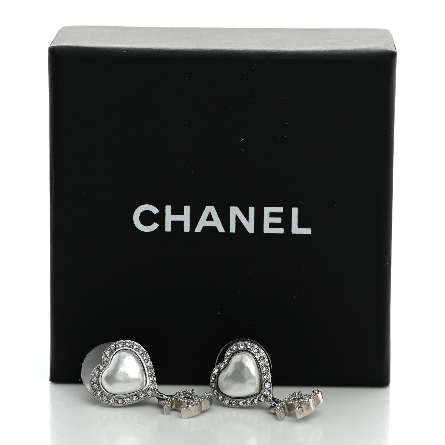 Chanel Pearl Crystal CC Heart Drop Earrings Silver 5 of 5