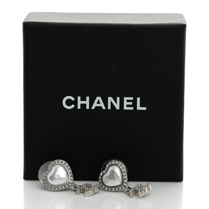 Chanel Pearl Crystal CC Heart Drop Earrings Silver 5 of 5