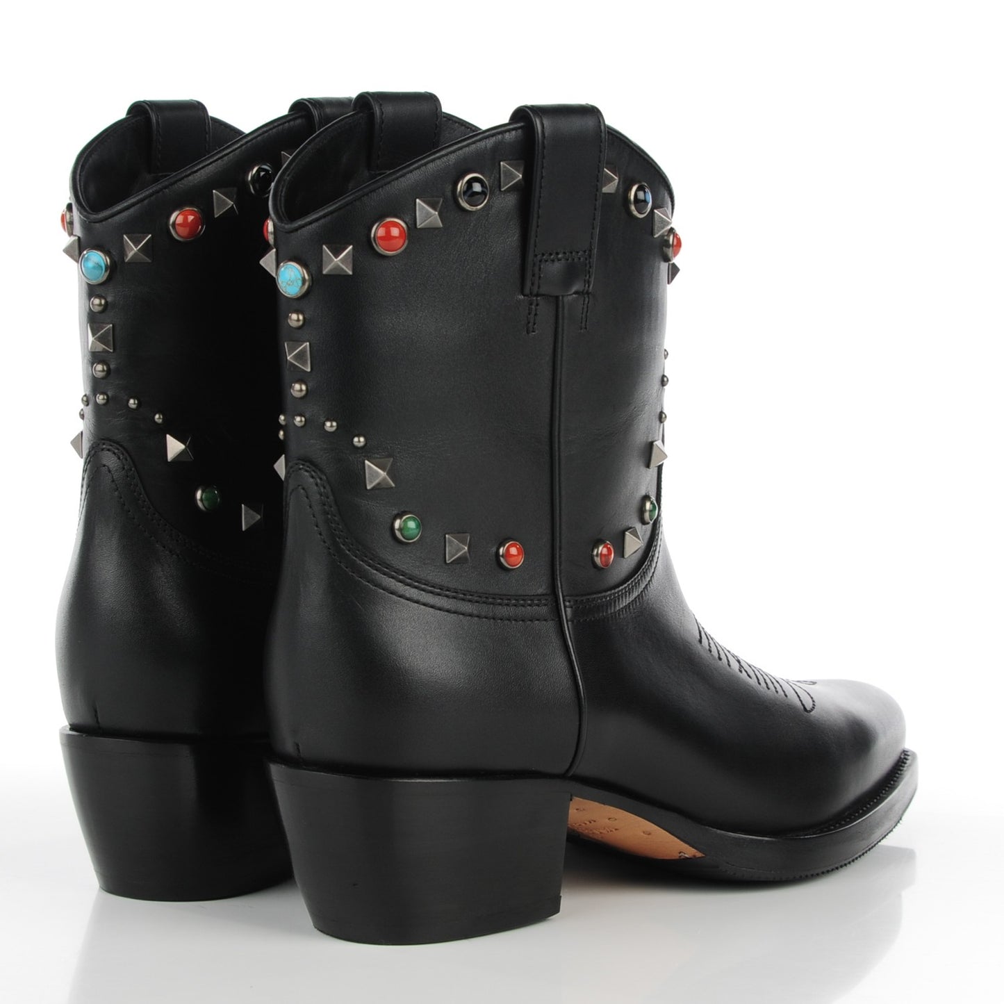 Calfskin Rockstud Rolling Cowboy Ankle Boots 39 Black