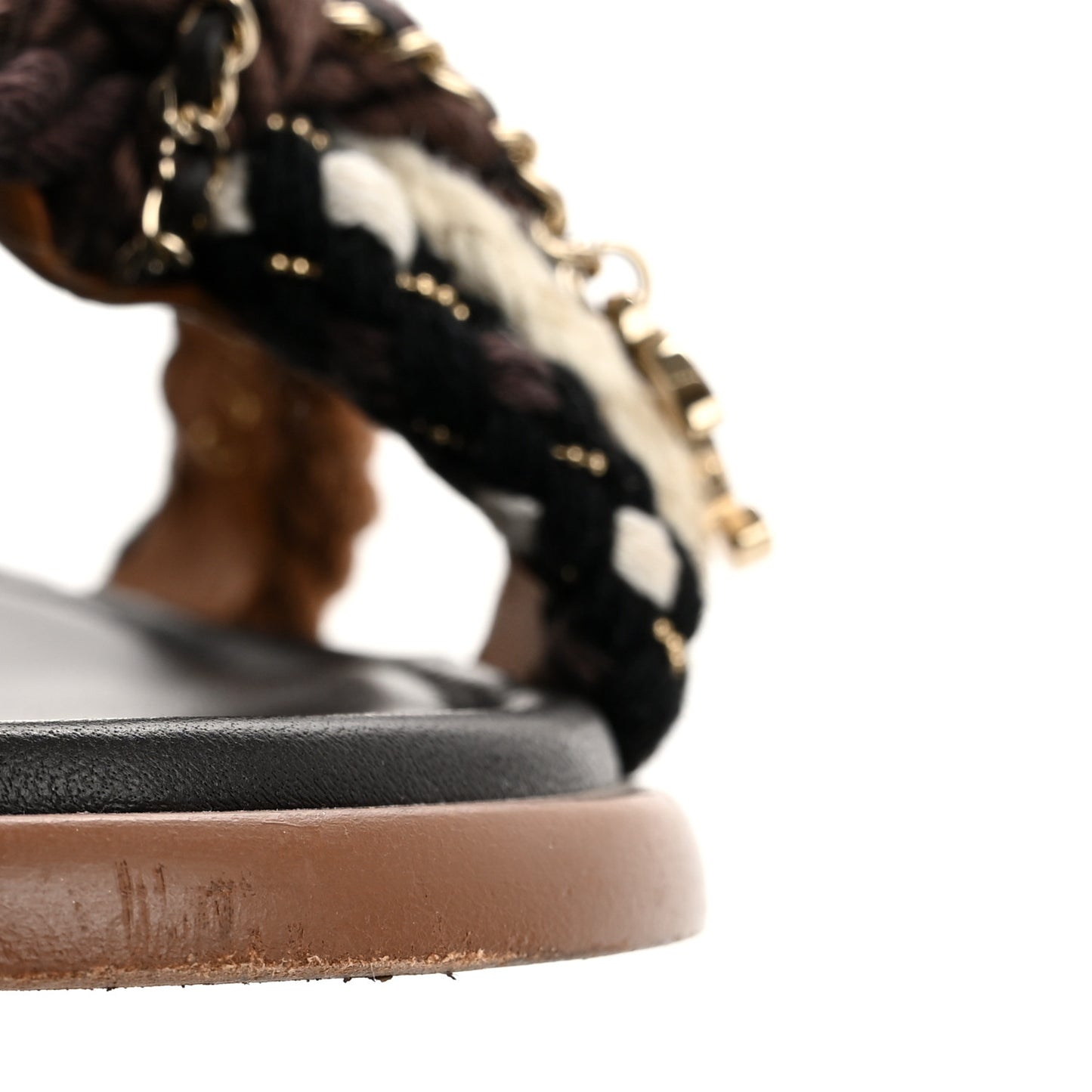 Lambskin Cord Chain CC Sandals 38.5 Brown Black Ivory