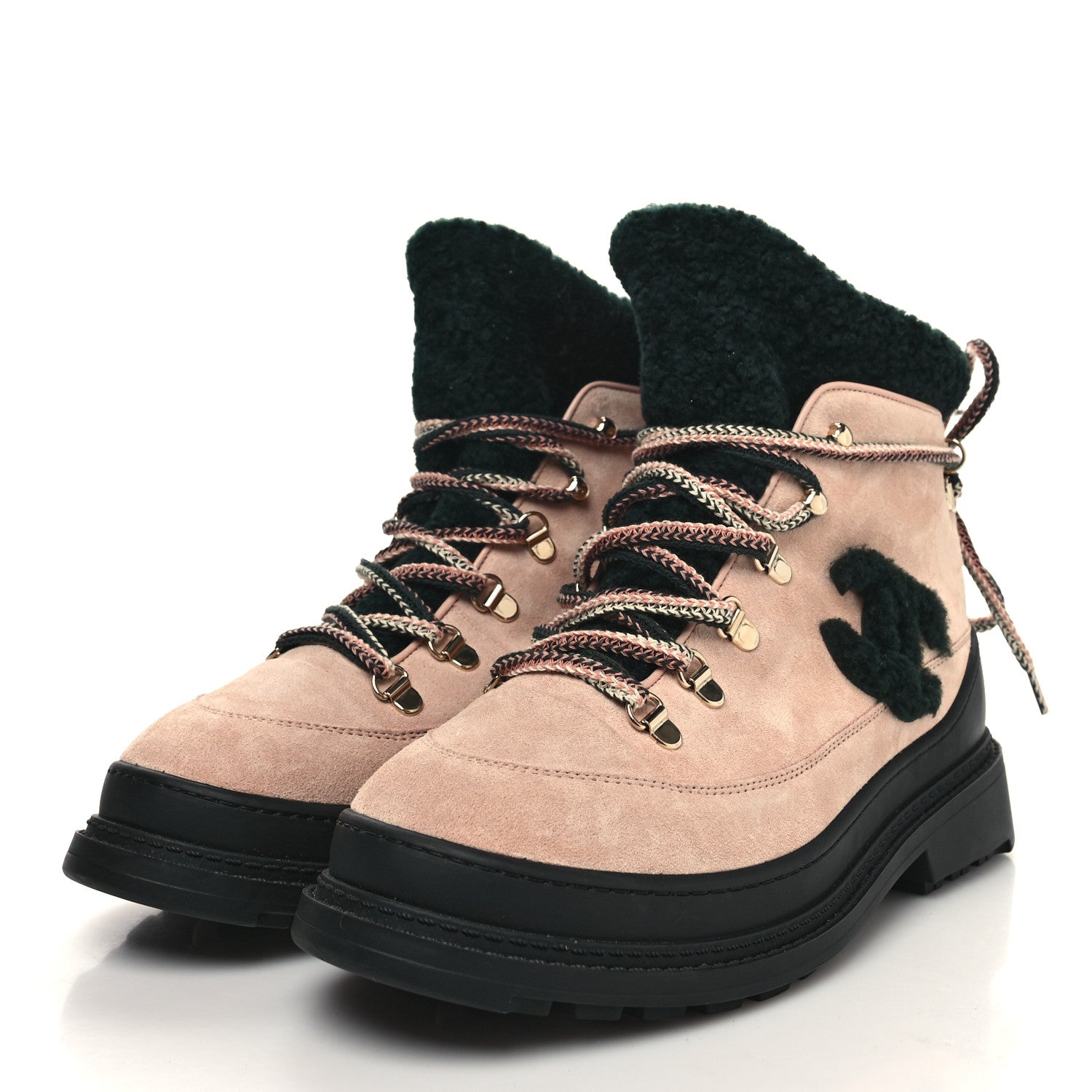 Chanel Suede Shearling CC Lace Up Boots 40 Pink Black 3 of 8