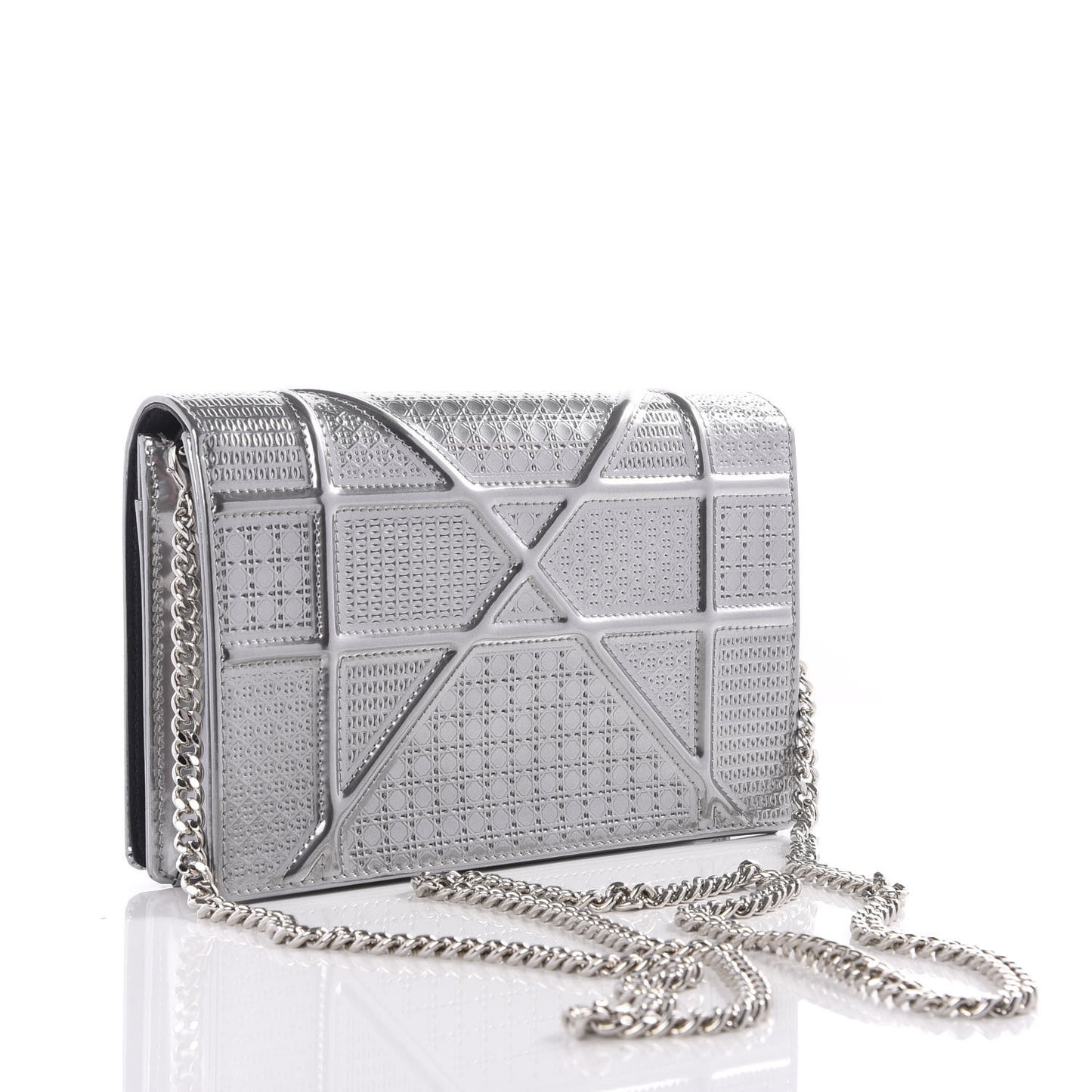 Metallic Patent Micro-Cannage Diorama Wallet on Chain Pouch Silver