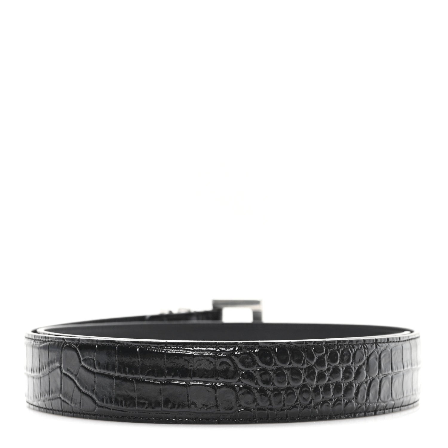 Saint Laurent Calfskin Crocodile Embossed Monogram Square Buckle Belt 85 34 Black 2 of 5