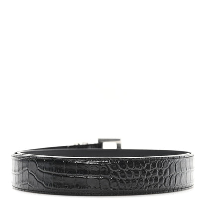 Saint Laurent Calfskin Crocodile Embossed Monogram Square Buckle Belt 85 34 Black 2 of 5