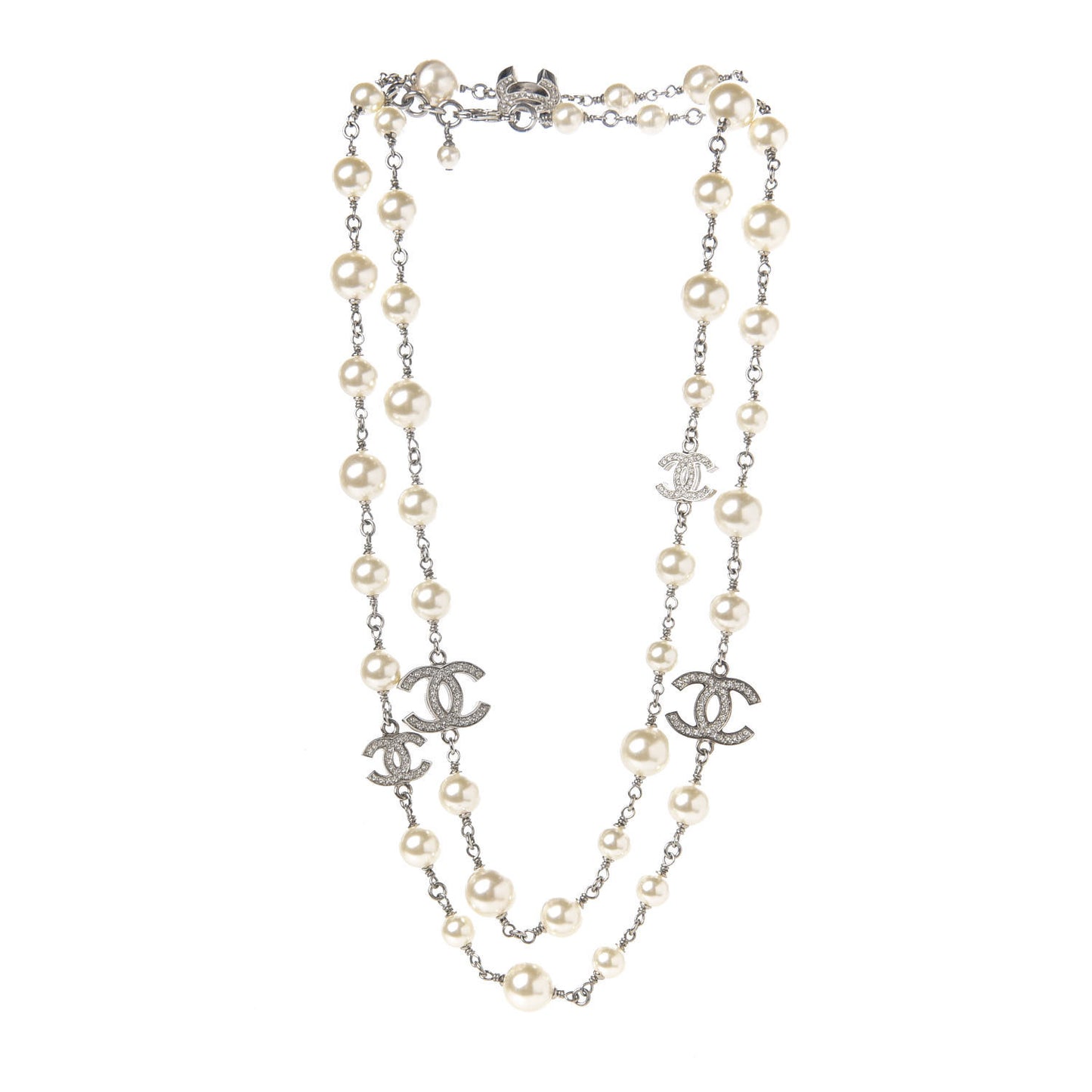 Crystal Pearl CC Long Necklace Silver