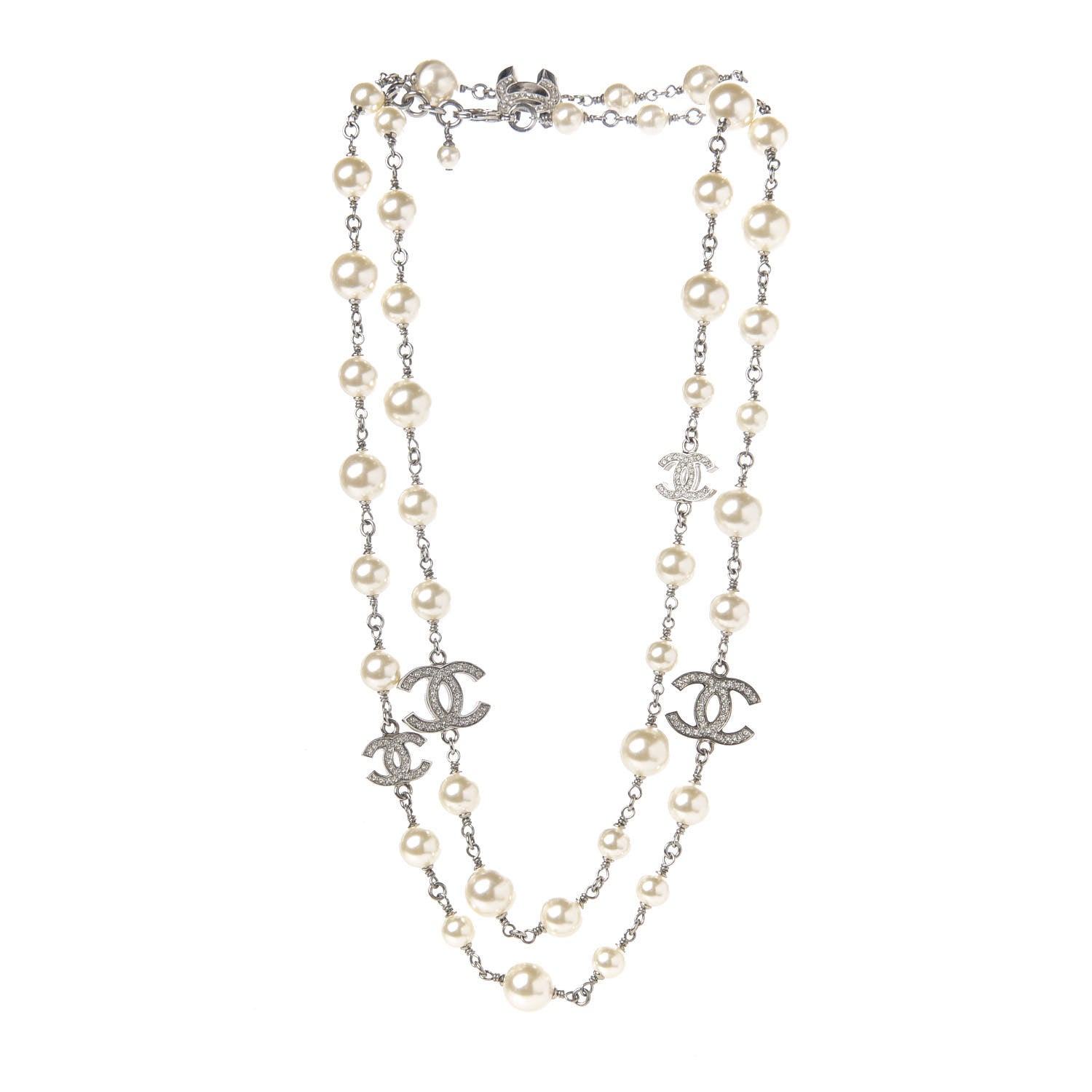 Chanel Crystal Pearl CC Long Necklace Silver 2 of 3
