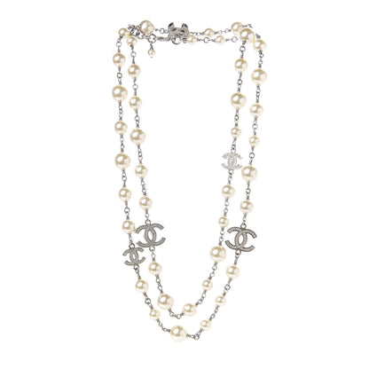Chanel Crystal Pearl CC Long Necklace Silver 2 of 3