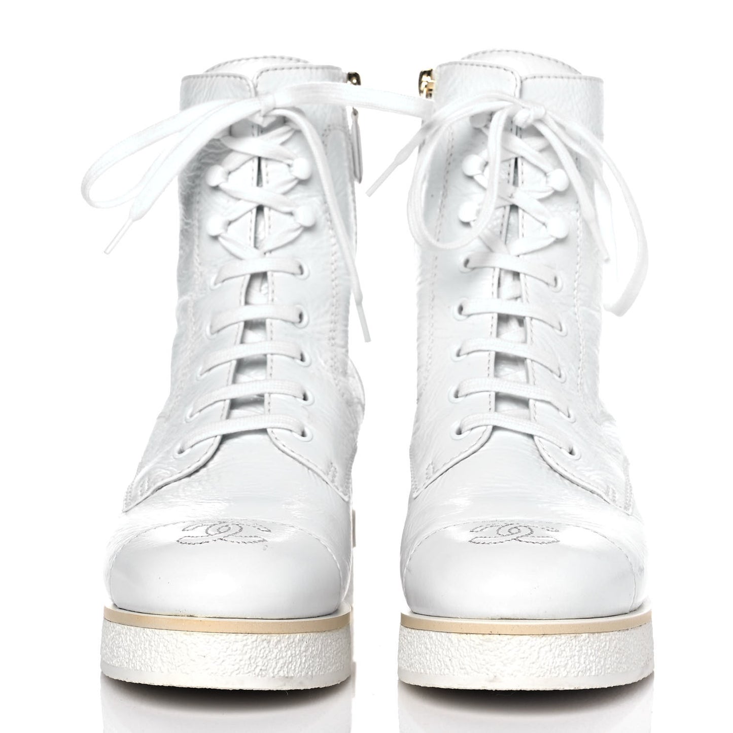 Shiny Crumpled Lambskin Lace Up Combat Boots 39 White