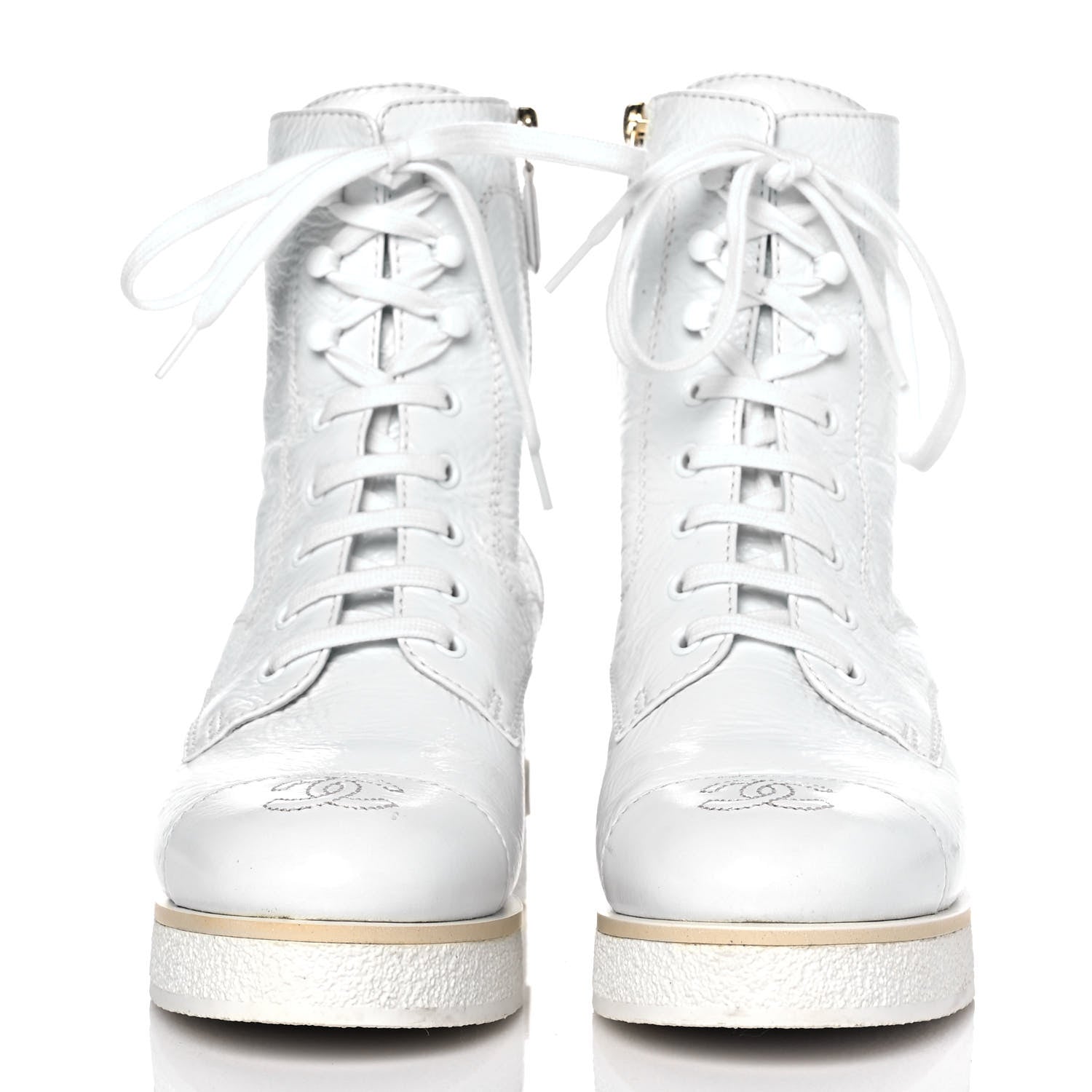 Chanel Shiny Crumpled Lambskin Lace Up Combat Boots 39 White 2 of 10