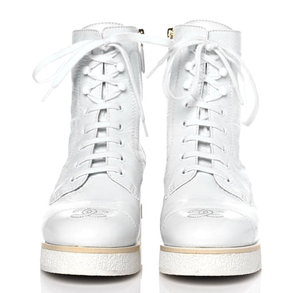 Chanel Shiny Crumpled Lambskin Lace Up Combat Boots 39 White 2 of 10