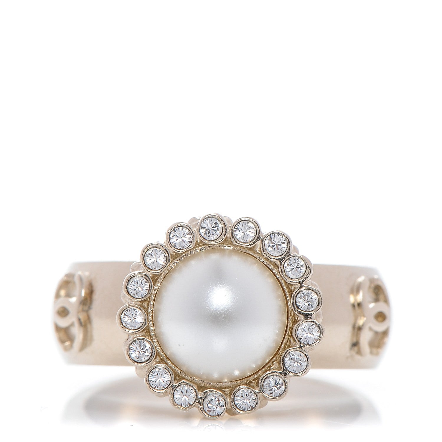 Chanel Pearl Crystal CC Ring 53 6.25 Gold Pearly White 1 of 4