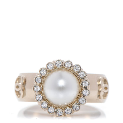 Chanel Pearl Crystal CC Ring 53 6.25 Gold Pearly White 1 of 4