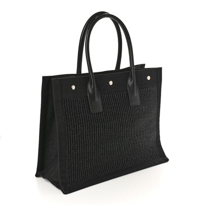 Saint Laurent Raffia Linen Calfskin Small Rive Gauche Tote Black 3 of 8