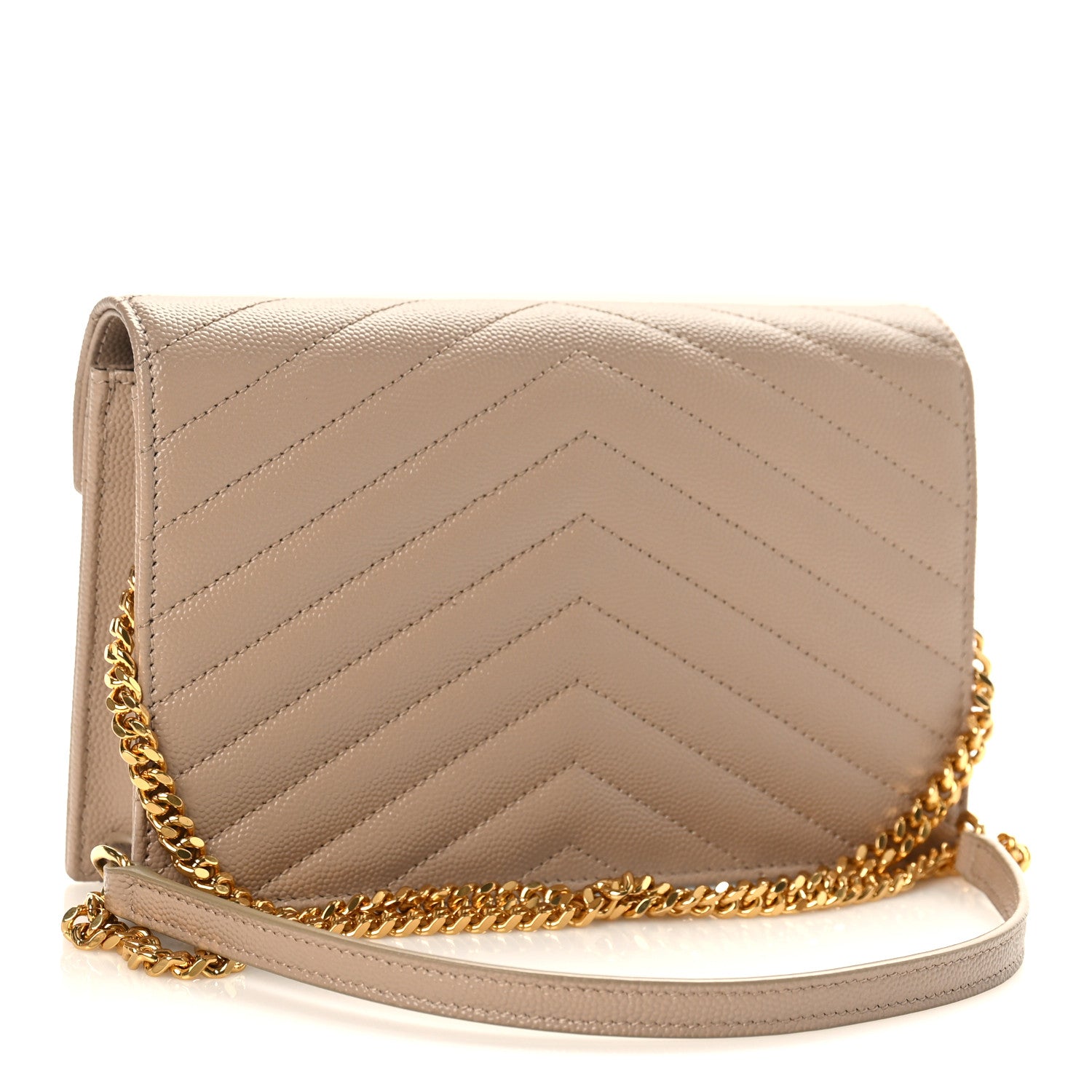 Saint Laurent Grain De Poudre Matelasse Chevron Monogram Envelope Chain Wallet Dark Beige 2 of 9