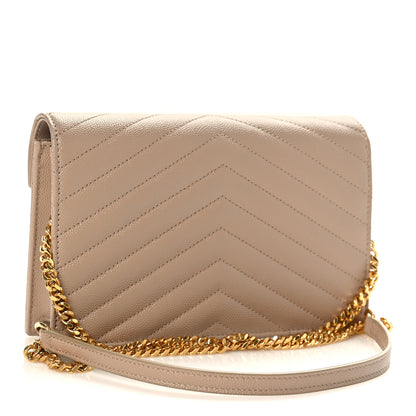 Saint Laurent Grain De Poudre Matelasse Chevron Monogram Envelope Chain Wallet Dark Beige 2 of 9