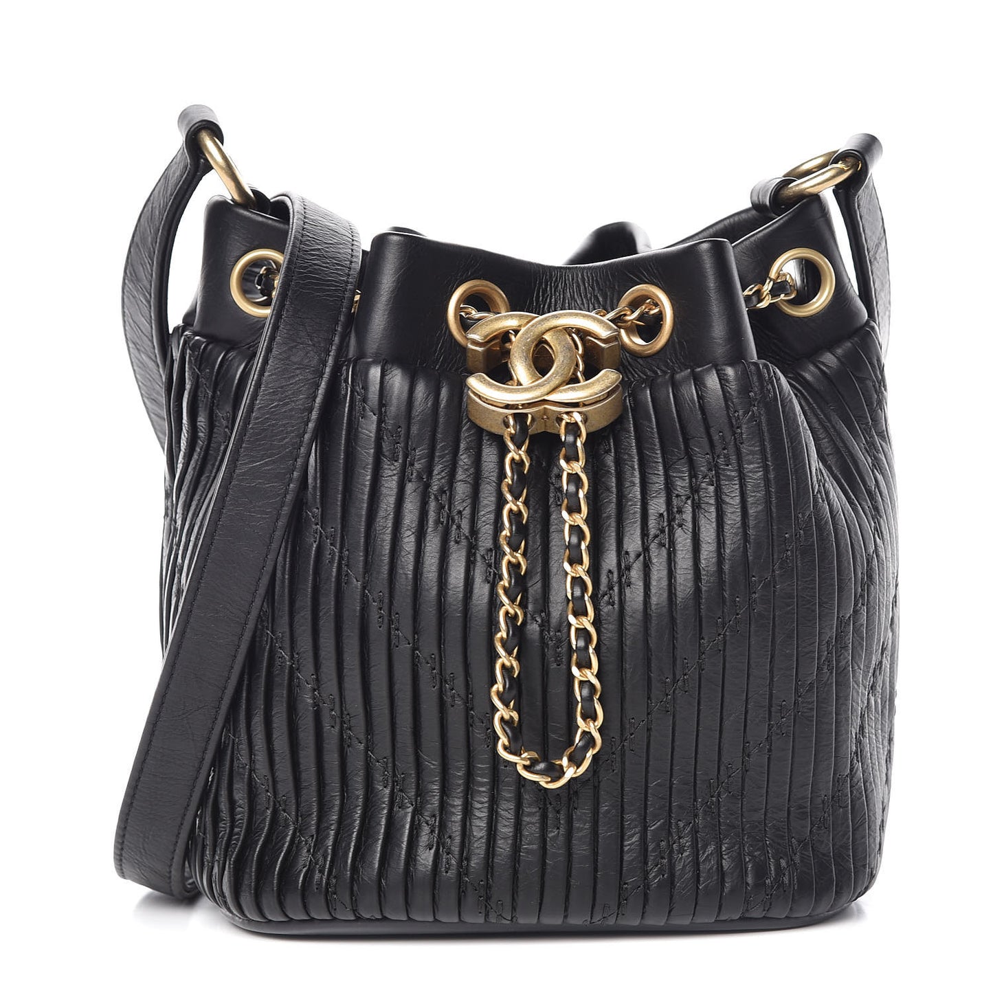Iridescent Crumpled Calfskin Coco Pleats Small Drawstring Bag Black