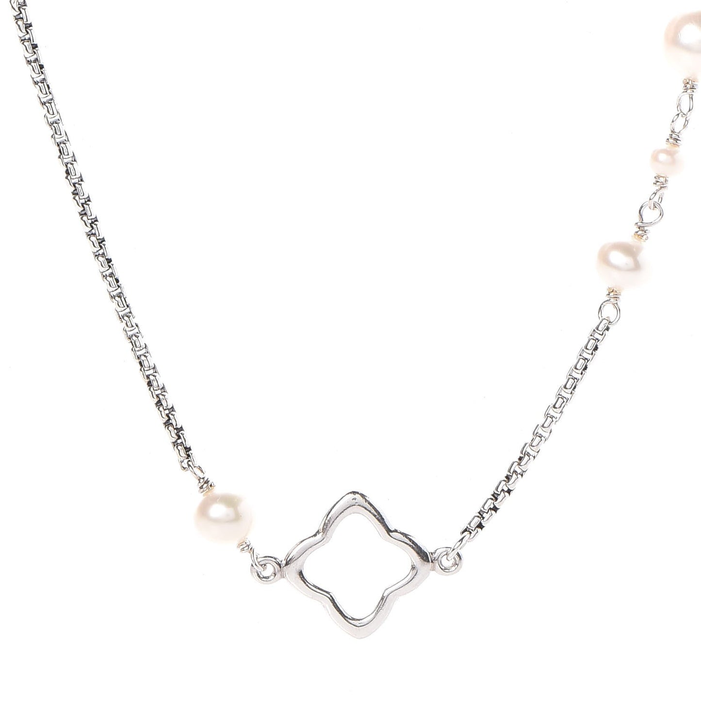 Sterling Silver Pearl Quatrefoil Long Chain Necklace
