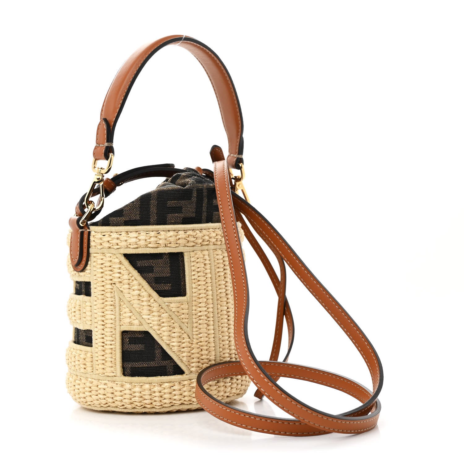 Fendi Paglia Chicco Riso Fabric Jacquard FF 1974 Vitello Grace Mini Step Out Bucket Bag Alchemy Tabacco Brandy 3 of 10