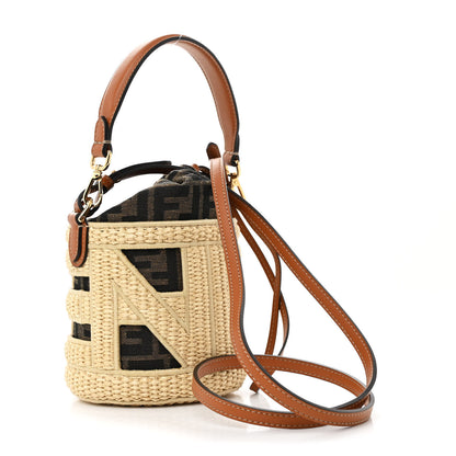 Fendi Paglia Chicco Riso Fabric Jacquard FF 1974 Vitello Grace Mini Step Out Bucket Bag Alchemy Tabacco Brandy 3 of 10