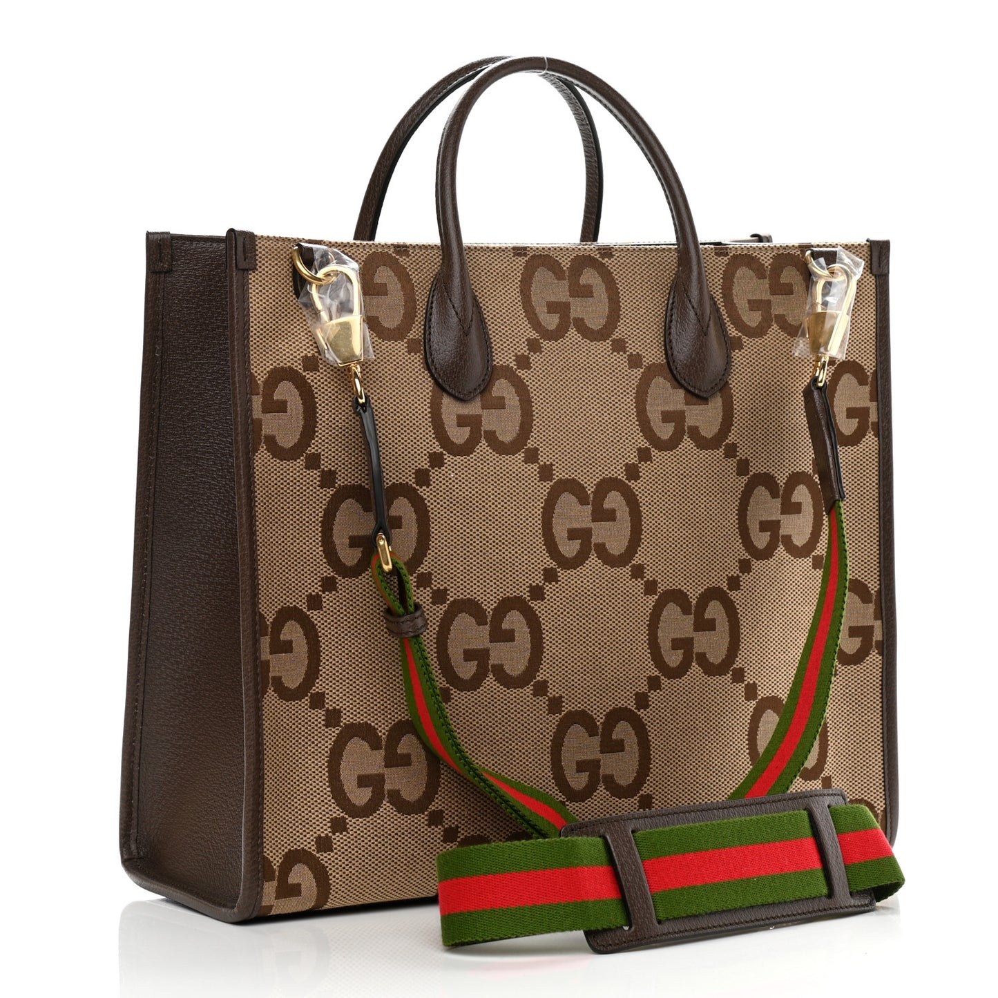 Monogram Jumbo GG Textured Dollar Calfskin Web Tote Bag Camel Ebony New Acero