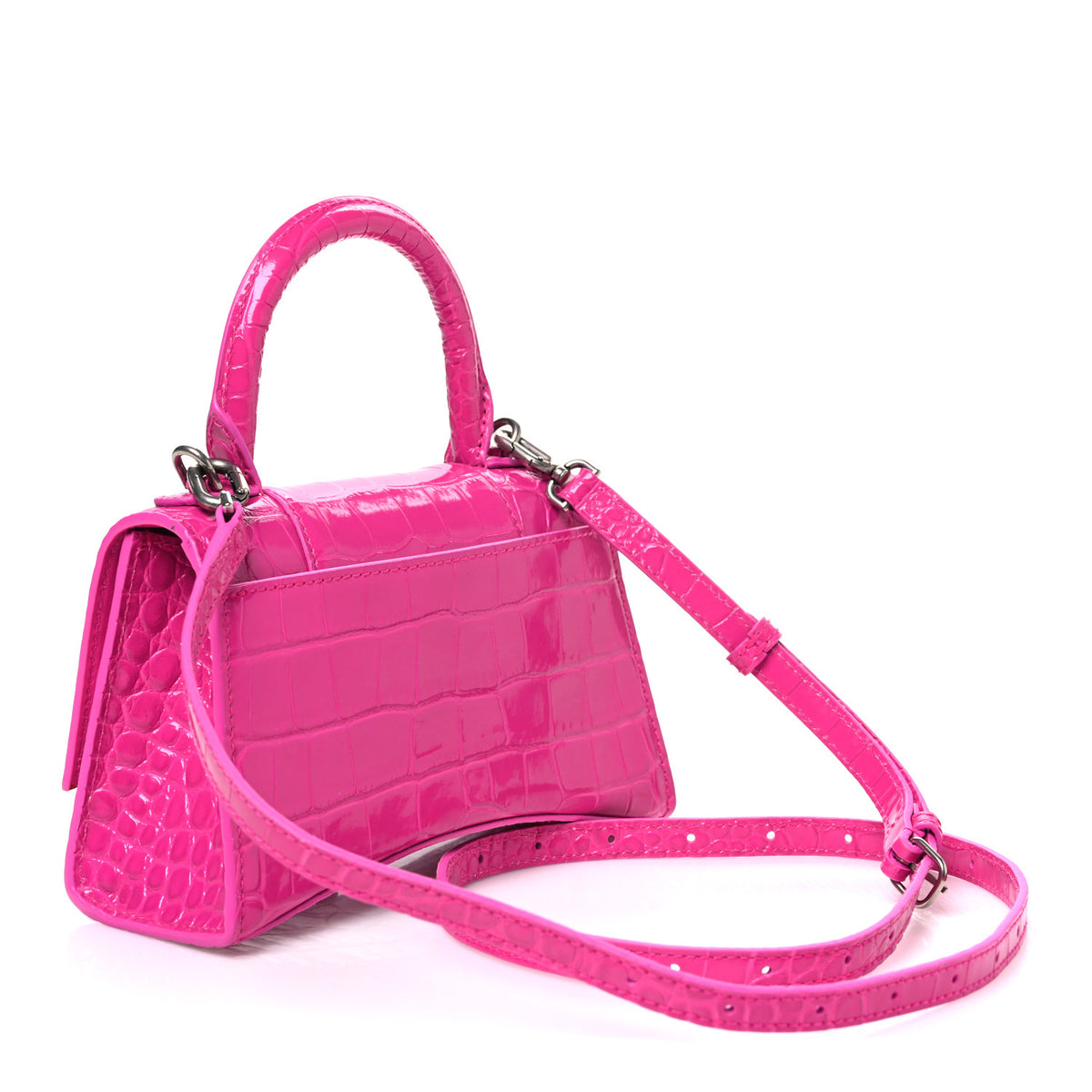 Shiny Calfskin Crocodile Embossed Hourglass Top Handle Bag XS Lipstick Pink