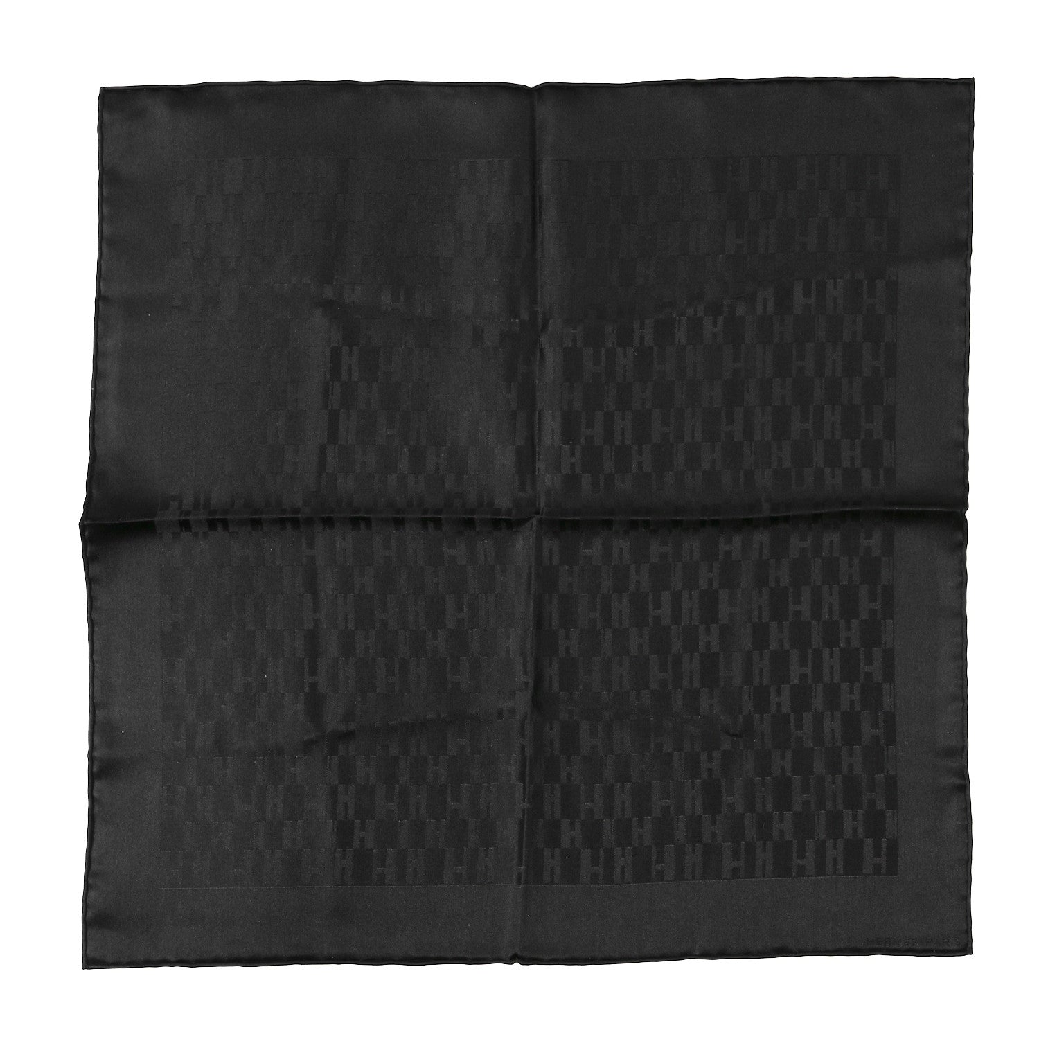 Hermes Silk Faconnee Grand H Pocket Square Scarf 45 Black 1 of 3