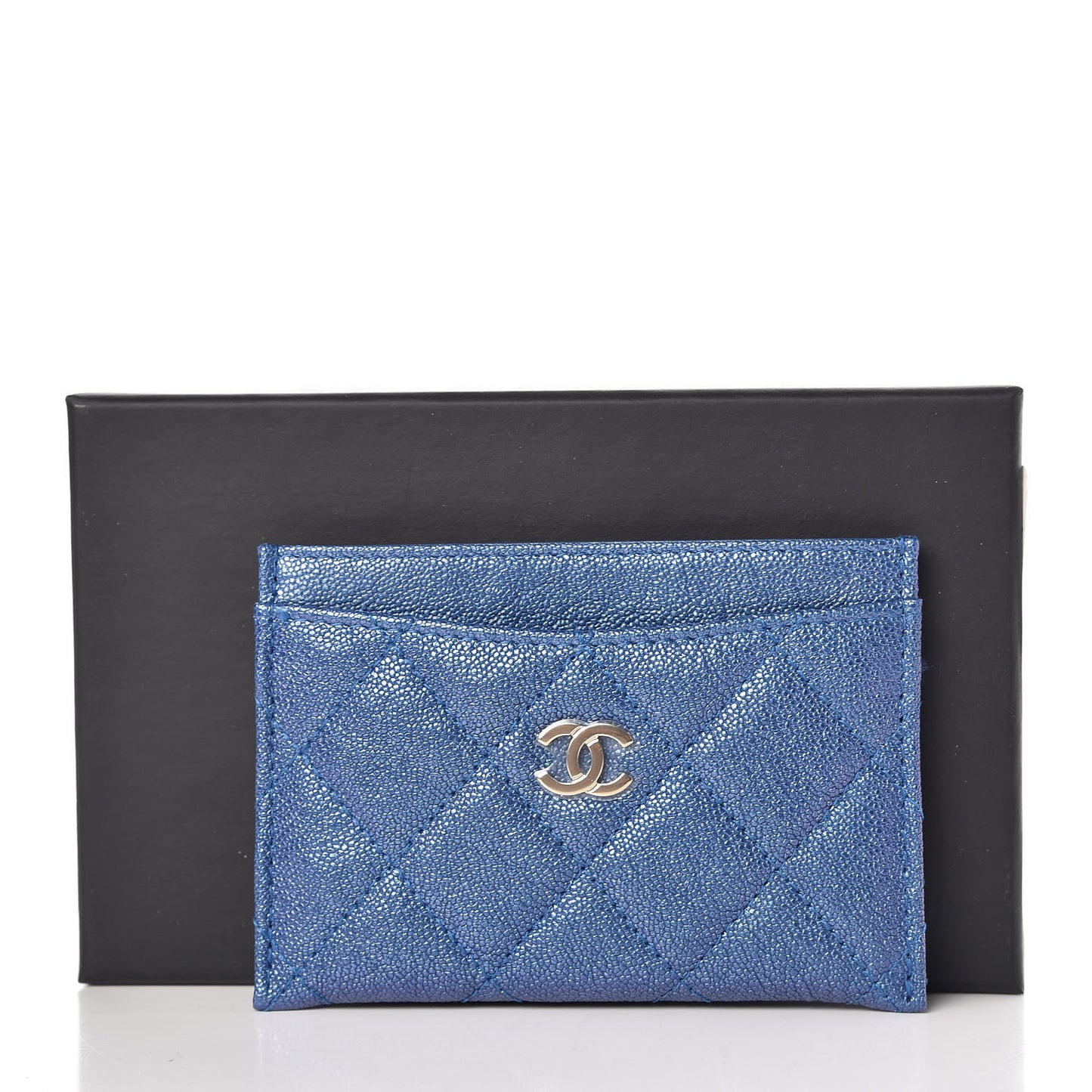 Iridescent Caviar Quilted Card Holder Blue Fonce